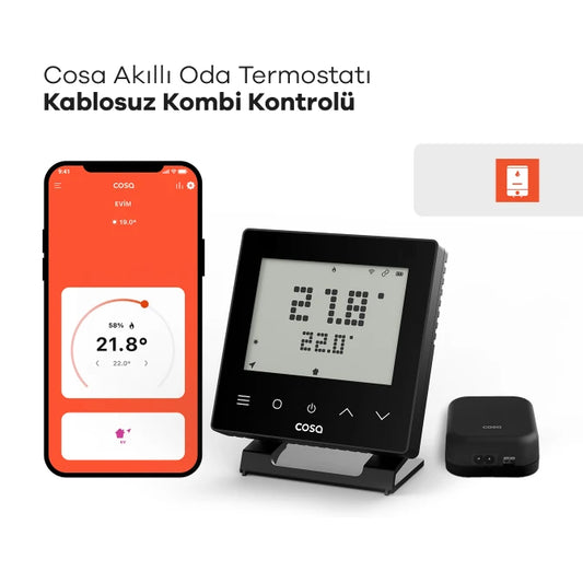 Cosa Akıllı Oda Termostatı Kablosuz Kombi Kontrolü (Siyah)