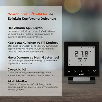 Cosa Akıllı Oda Termostatı Kablosuz Kombi Kontrolü (Siyah) Özellikler