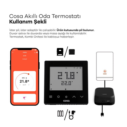 Cosa Akıllı Oda Termostatı Kablosuz Kombi Kontrolü (Siyah) Kullanım ve Bağlantı Şekli