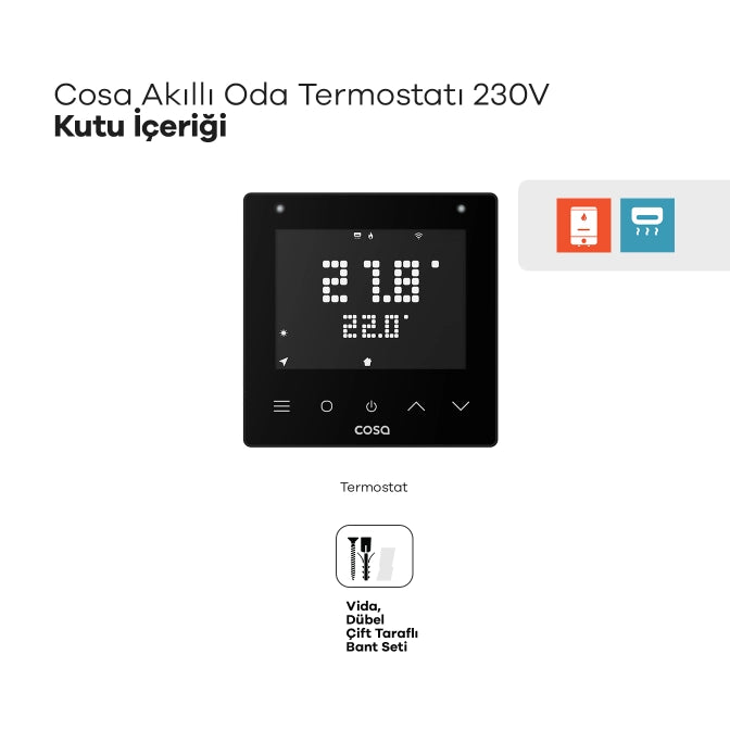 Cosa Akıllı Oda Termostatı Kablolu Kombi ve Klima Kontrolü 230V Kutu İçeriği