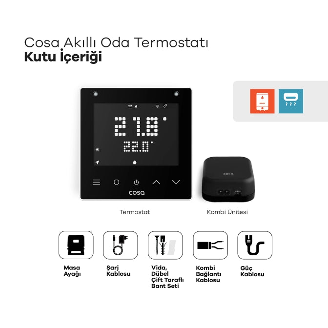 Cosa Akıllı Oda Termostatı Kablosuz Kombi ve Klima Kontrolü Kutu İçeriği