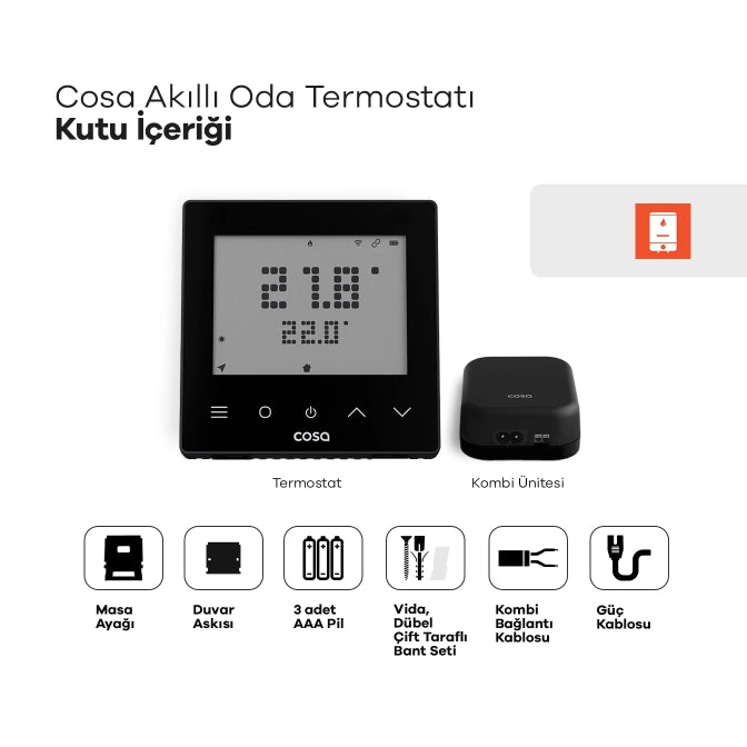 Cosa Akıllı Oda Termostatı Kablosuz Kombi Kontrolü (Siyah) Kutu İçeriği